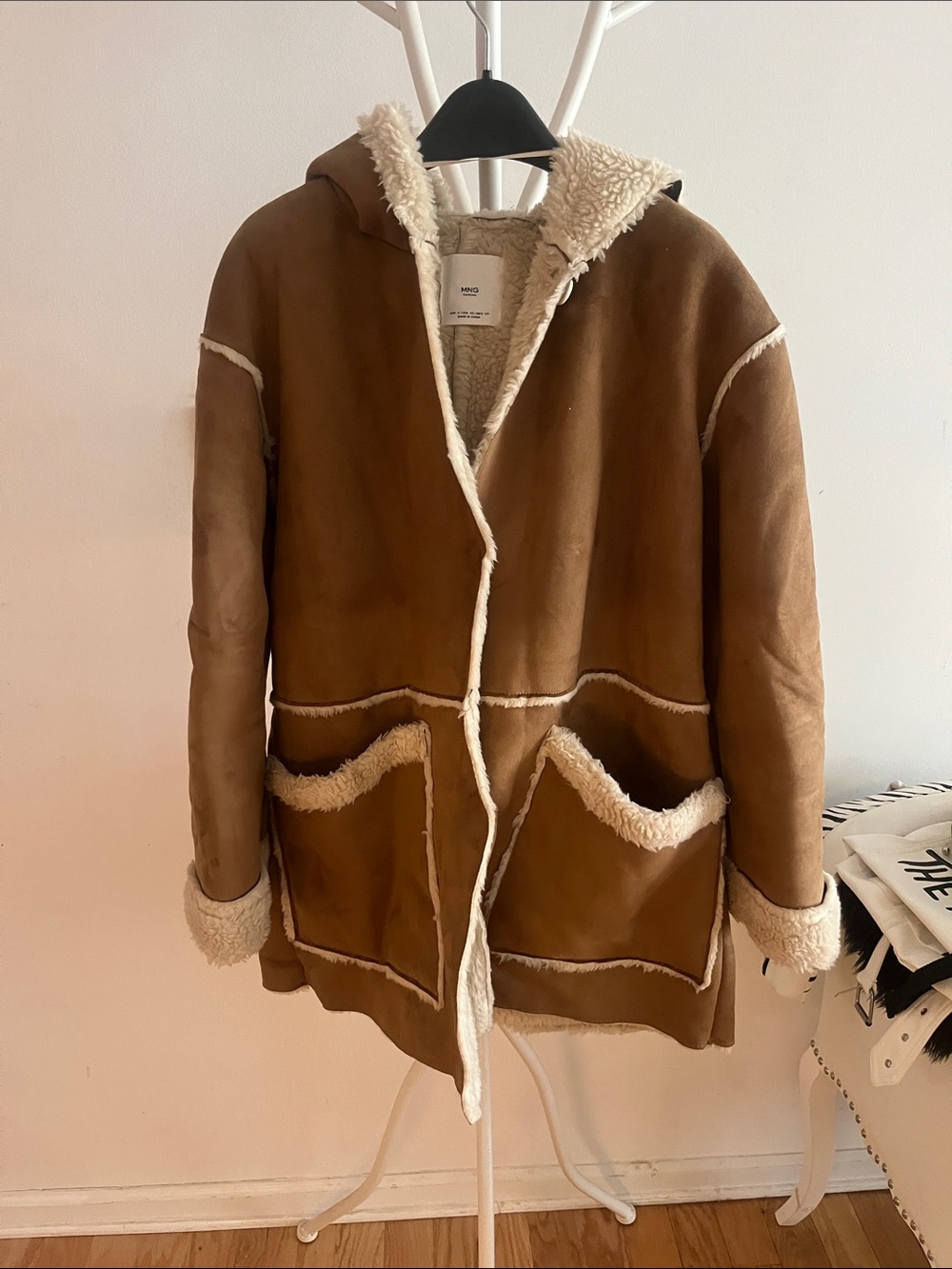 MNG Casual Women's Hooded Faux-Shearling Pea Coat in Camel